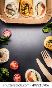 Vegetarian Wraps On Paper Plate And Wooden Cutlery, Top View, Frame. Healthy Lunch Or Street Food Concept