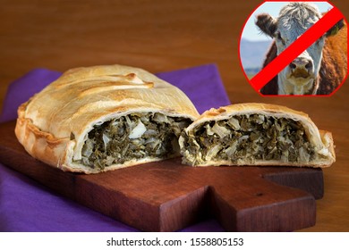 Vegetarianism: Vegetable Pie With A Symbol For Not Eating Meat.