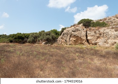The vegetated stone walls of the old Phoenician fortress, which later became the Roman city of Karta, near the city of Atlit in northern Israel - Shutterstock ID 1794519016