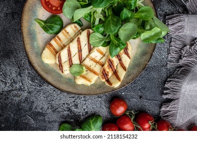 Vegeterian Salad With Fried Halloumi And Tomatoes, Closeup, Keto Ketogenic Diet. Delicious Breakfast Or Snack, Clean Eating, Dieting, Vegan Food Concept. Top View.