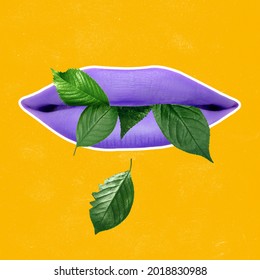 Vegeterian Theme. Purple Female Lips, Big Mouth Eating Green Leaves Over Yellow Background. Concept Of Healthy Eating, Vegetarianism, Saving Animals.