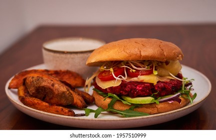 Veggie Burger Beet Root With Fries