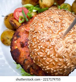 Veggie Burger. Bun With Sesame And Side Dishes. Bird's Eye View From Above