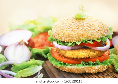 Veggie Burger With Chickpeas Patty, Vegan Fast Food, Selective Focus, Toned