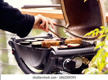 Veggie Burger And Eggplant Barbeque Outdoors