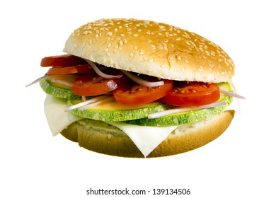 Veggie Burger Made With Zucchini, Tomato, Onion And Cheese Isolated On White Background.