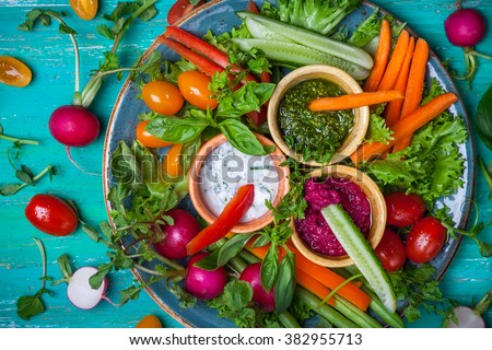Veggie crudite platter with three different dips