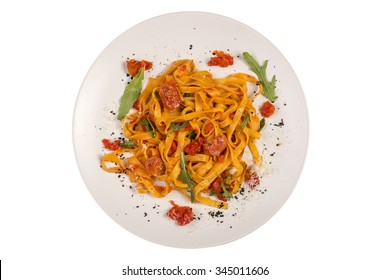 Veggie Pasta With Tomatoes Isolated On White Background