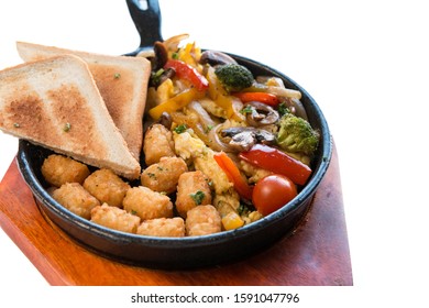 Veggie Skillet. Vegetable Brunch With Toasted Bread,hash Brown,broccoli On Wooden Plate.