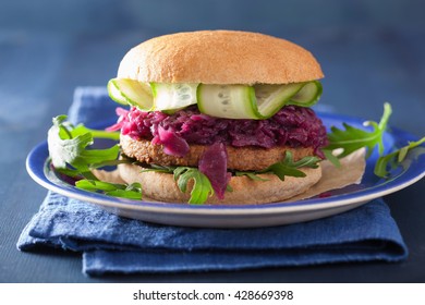 Veggie Soy Burger With Pickled Red Cabbage Cucumber Arugula