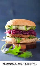 Veggie Soy Burger With Pickled Red Cabbage Cucumber Arugula