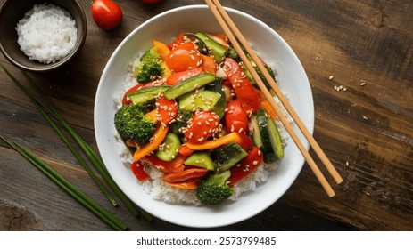 Veggie Stir-Fry: A quick and nutritious dish featuring a mix of fresh vegetables cooked in a savory sauce, often served over rice or noodles.