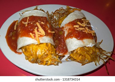 Veggie Tex Mex Breakfast Tortilla With Eggs, Potatoes And Cheese. Yummy! Specialty Of Grandview Grill. St Paul Minnesota MN USA