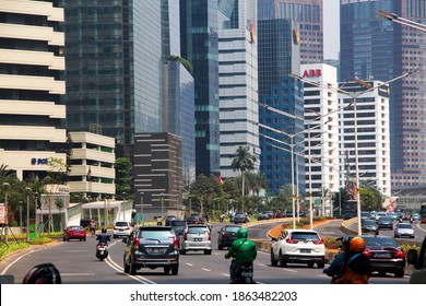A Vehicle Crosses Jalan Jenderal Sudirman, Jakarta, Saturday, August 10, 2020