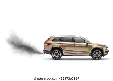 Vehicle driving and smoke coming out of the exhaust pipe isolated on white background