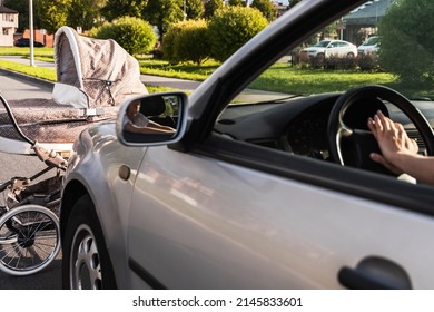 Vehicle Hits The Baby Pram On The Road Because Of Jaywalking. Concepts Of Safety, Traffic Code And Insurance.