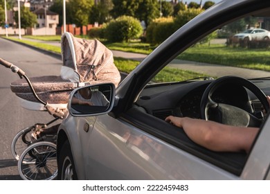 Vehicle Hits The Baby Pram On The Road Because Of Jaywalking. Concepts Of Safety, Traffic Code And Insurance.