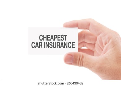 Vehicle Insurance Agent Holding Business Card With Cheapest Car Insurance Policies Title, Isolated On White Background.