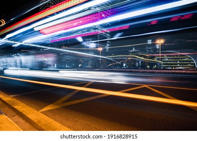 Vehicle Light Trails In City At Night