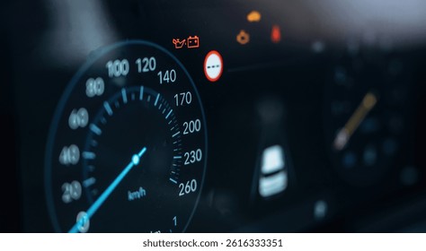 Vehicle is parked. Detailed close up view of speedometer, front panel.