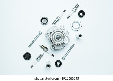 Vehicle Parts. Auto Motor Mechanic Spare Or Automotive Piece On White Background. Set Of New Metal Car Part. Repair And Vehicle Service With Space For Text