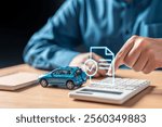 vehicle, rent, rental, finance, agreement, assurance, contract, document, insurance, legal. A man is pointing at a car on a table with a calculator. The car is blue and has approved icons.