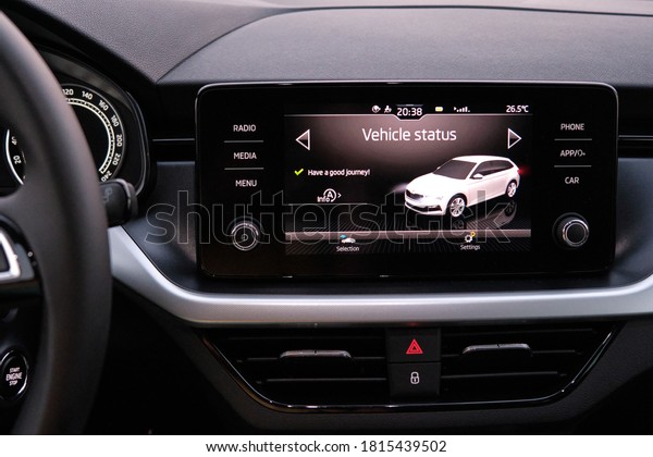 Vehicle status on the screen of car dashboard. Modern\
technology in Skoda automobiles electronic, September 2020, Prague,\
Czech Republic. 
