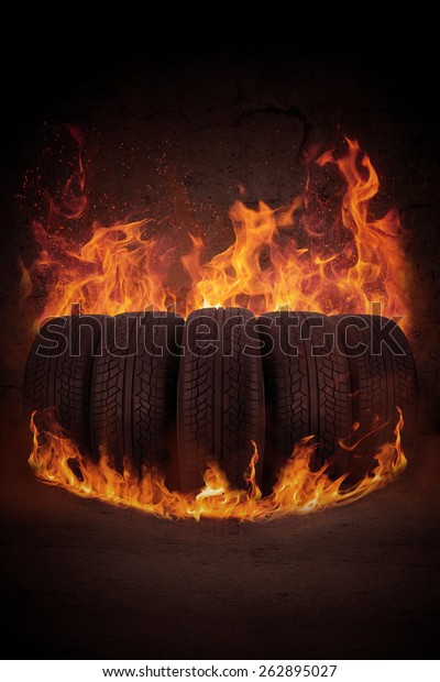 Vehicle tires with black color on the hot\
flame, symbolizing fast tires and anti\
fire