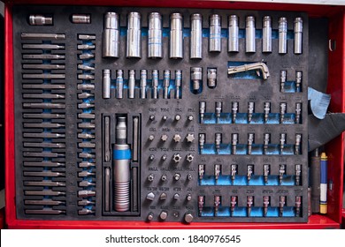 Vehicle Tool Box Or Auto Repair Kit With Stainless Steel Sockets And Screwdriver Bits