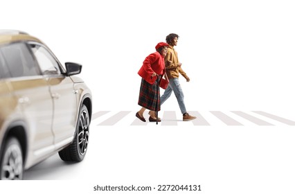 Vehicle waiting at a pedestrian crossing and young man helping an elderly crossing a street isolated on white background - Powered by Shutterstock