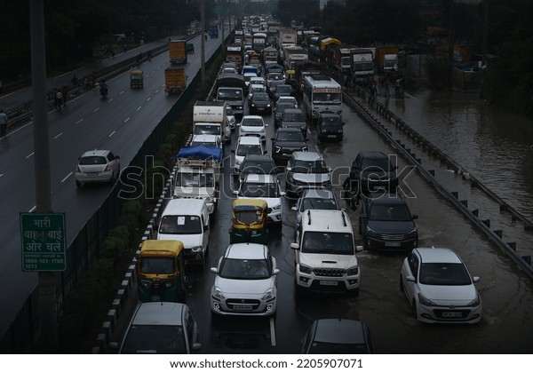 Vehicles Submerged Water On Delhijaipur Expressway Stock Photo ...