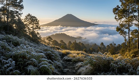 Veil of Mist Over Gunung Gede’s Cloud-Wrapped Peaks at Sunrise