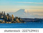 A veiw of Mount Rainier from Seward Park in Seattle, Washington.