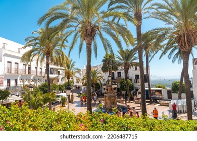 Vejer, Andalucia, Spain: August 2022: Aerial View Of The Plaza De España With Tourists In Vejer De La Frontera, Cádiz. Andalusia