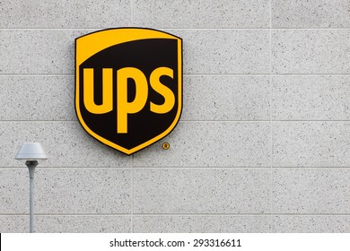 Vejle, Denmark - July 4, 2015: UPS (United Parcel Service) Logo On A Facade. United Parcel Service Is The World's Largest Package Delivery Company And A Provider Of Supply Chain Management Solutions