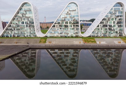 Vejle, Poland - August 22, 2020:  Aerial View Of Danish Modern House Design, Five Watwerfront Waves. Vejle, Denmark