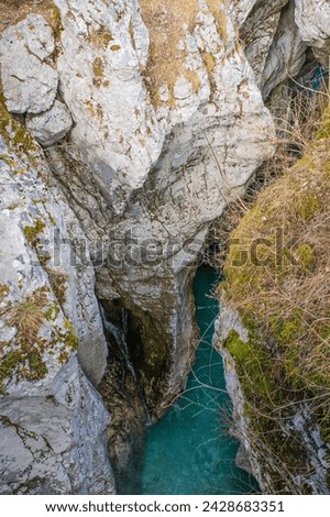 Velika Korita Gorge, or Great Soca Gorge, on Soca River, Bovec municipality, Primorska or Littoral region, Slovenia. This Alpine river enters Italy as the Isonzo River. Part of Triglav National Park