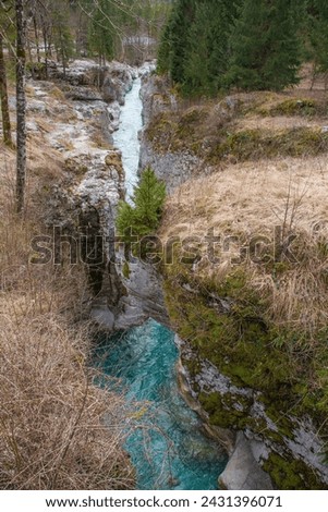 Velika Korita Gorge, or Great Soca Gorge, on Soca River, Bovec municipality, Primorska or Littoral region, Slovenia. This Alpine river enters Italy as the Isonzo River. Part of Triglav National Park