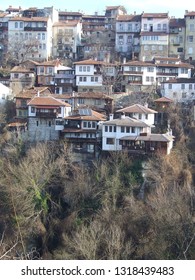 Veliko Tarnovo, Bulgaria - February 2018: Houses Climbing Up The Steep Mountain In The Valley Of Yantra River