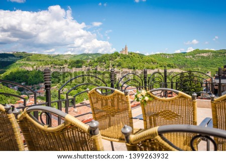 Veliko Tarnovo panorama - a terrace with a view of Tzarevetz fortress and the old part of the town. Veliko Tarnovo, Bulgaria.  