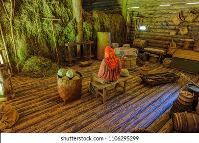 VELIKY NOVGOROD REGION, RUSSIA - May 20, 2018: Interior Of Compound Yard Of Old Rural Wooden House In The Open-air Museum Of Wooden Architecture Vitoslavlitsy.