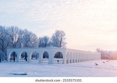 Veliky Novgorod, Russia. Arcade of the ancient Yaroslav courtyard in cloudy winter day in Veliky Novgorod, Russia - Powered by Shutterstock