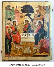 VELIKY  NOVGOROD, RUSSIA - JULY 24, 2014: Antique Russian Orthodox Icon The Old Testament Trinity Painted On Wooden Board