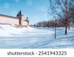 Veliky Novgorod Russia. Veliky Novgorod Kremlin fortress during the light snowfall, winter view of Veliky Novgorod Kremlin fortress