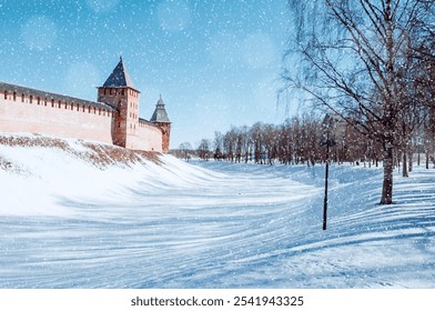 Veliky Novgorod Russia. Veliky Novgorod Kremlin fortress during the light snowfall, winter view of Veliky Novgorod Kremlin fortress - Powered by Shutterstock