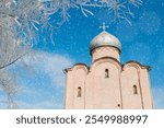 Veliky Novgorod, Russia. Savior Church on Nereditsa - a medieval orthodox church built in 1198 in Veliky Novgorod, Russia, winter architecture landscape