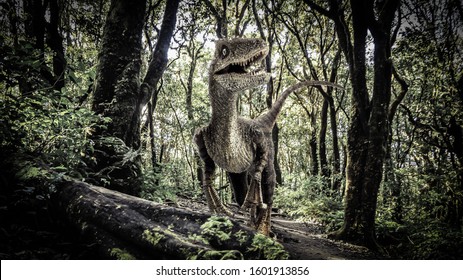Velociraptor Dinosaur  in the  Rainforest . - Shutterstock ID 1601913856