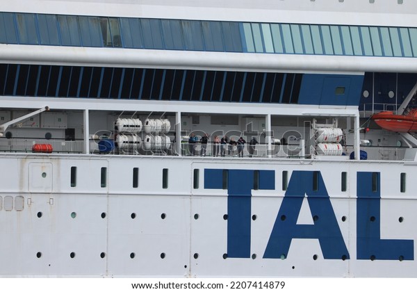 Velsen, the Netherlands -\
September 25th 2022: Tallink Silja Europa Ferry, moored in North\
Sea Canal temporary house asylum seekers and refugees. Detail of\
hull