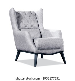 Velvet Classic Armchair In Art Deco Style With Wooden Legs Isolated On White Background. Front View, Gray Shade. Furniture Series