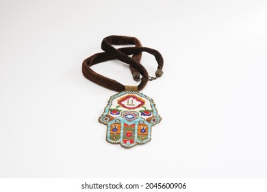 Velvet Cord Necklace Decorated With Beads. Anatolian Rug Motifs Isolated White Background